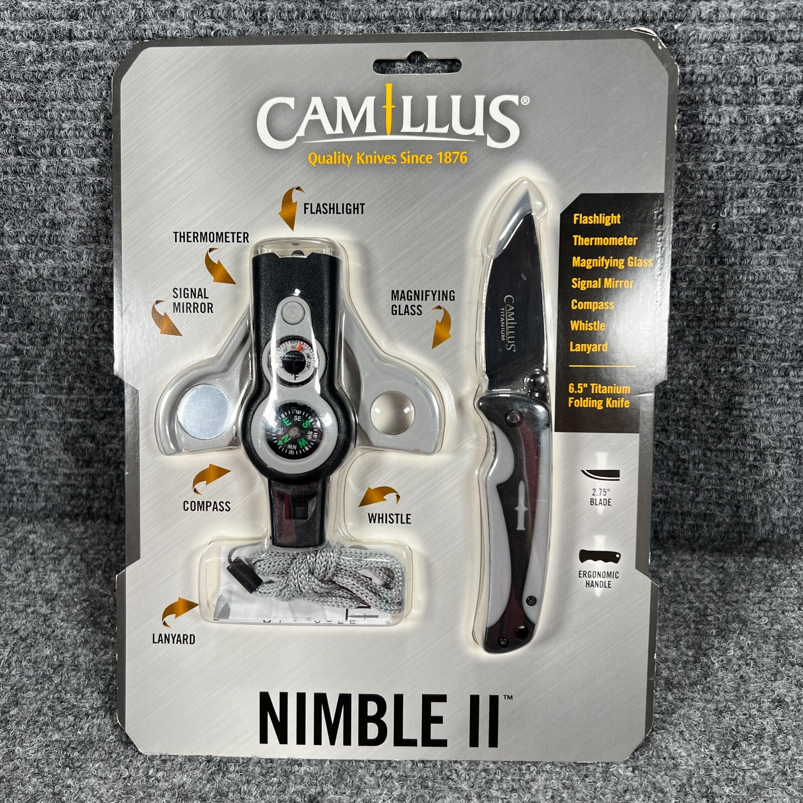 Camillus Nimble II Survival Kit Knife, Compass, Mirror, Thermometer New