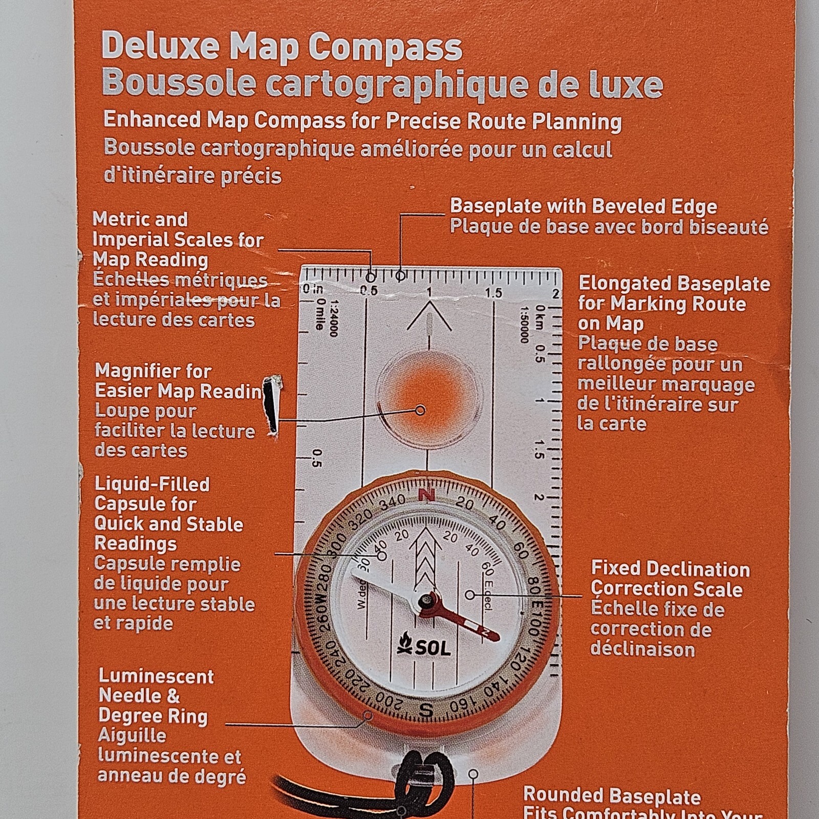 SOL SURVIVE OUTDOORS LONGER DELUXE MAP COMPASS EXTENDED BASEPLATE