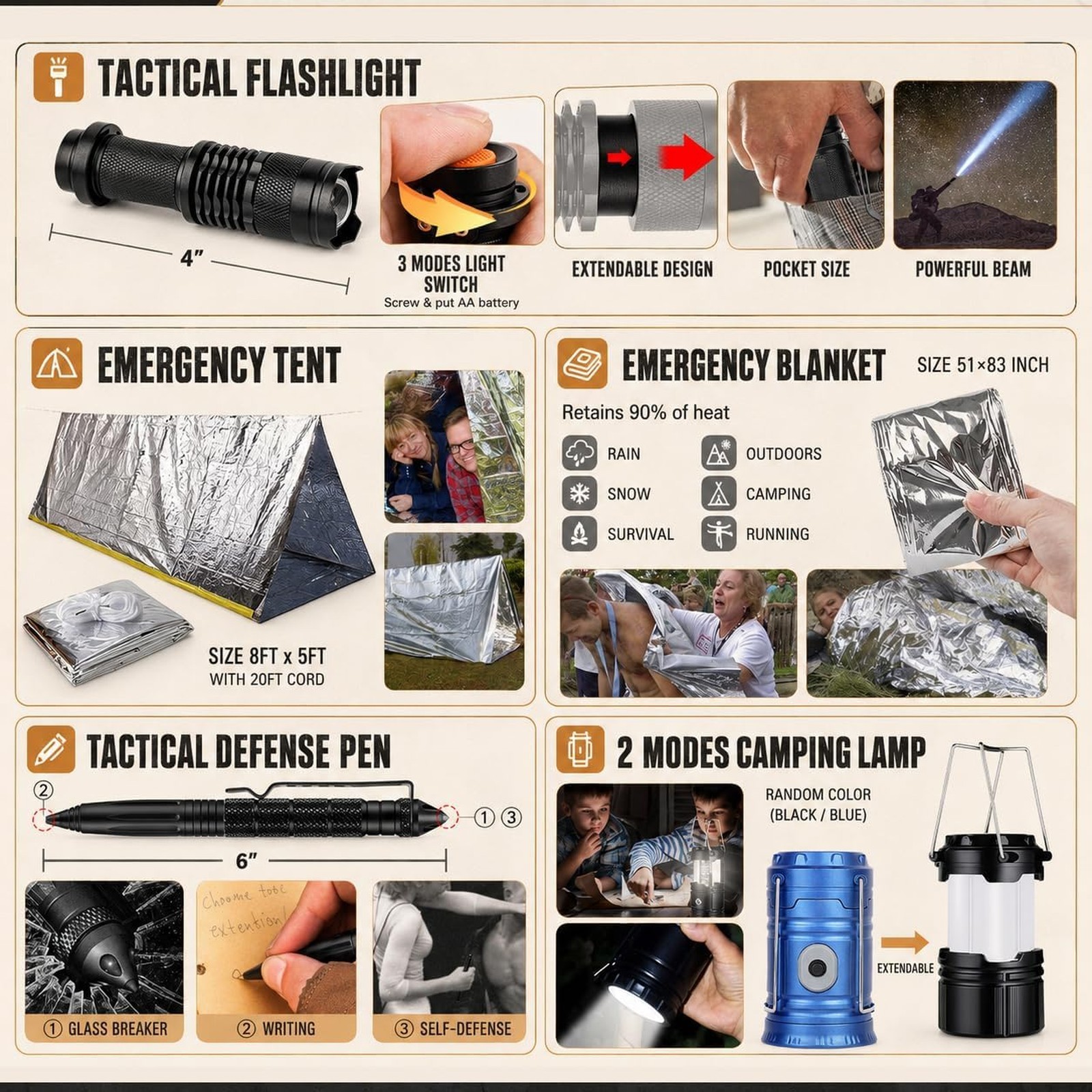 Survival Kit 250Pcs First Aid Gear Emergency Bag and Tent for Outdoor Adventure