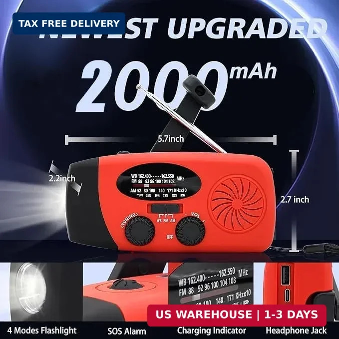 2000mAh Emergency Solar Hand Crank Portable Survival Radio | AM FM NOAA Weather