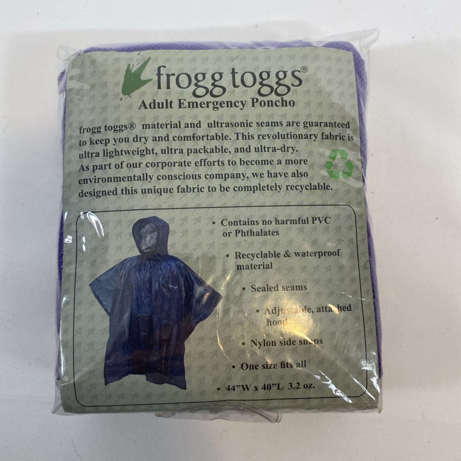 Frogg Toggs Purple Adult Poncho Ultra Lite “One Size Fits All” 44″W x 40″L