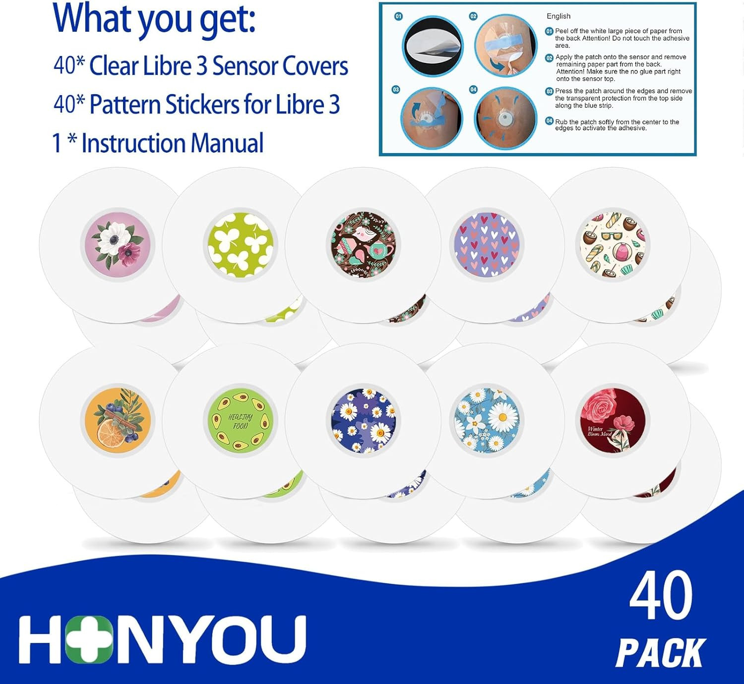 40Pack Libre 3 plus Sensor Covers Waterproof Freestyle Sensor Stickers Sets & Ad