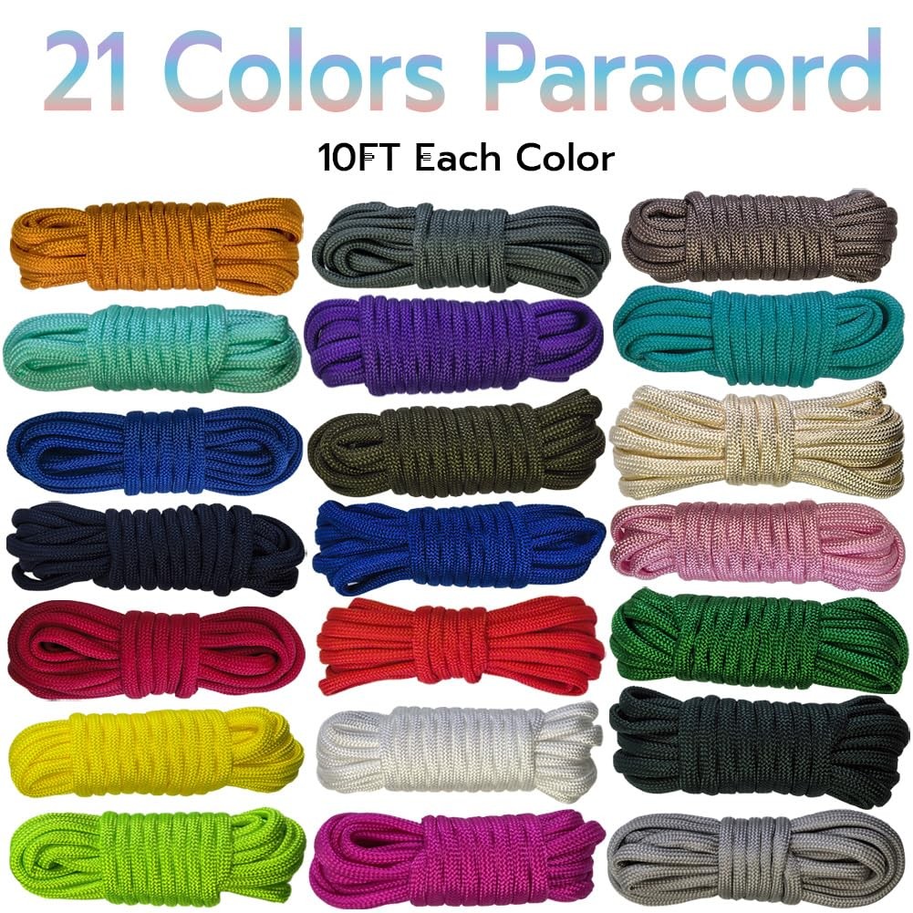 21 Colors Paracord (10FT Each Color), 550lb Parachute Cord Combo 10ft, Pure