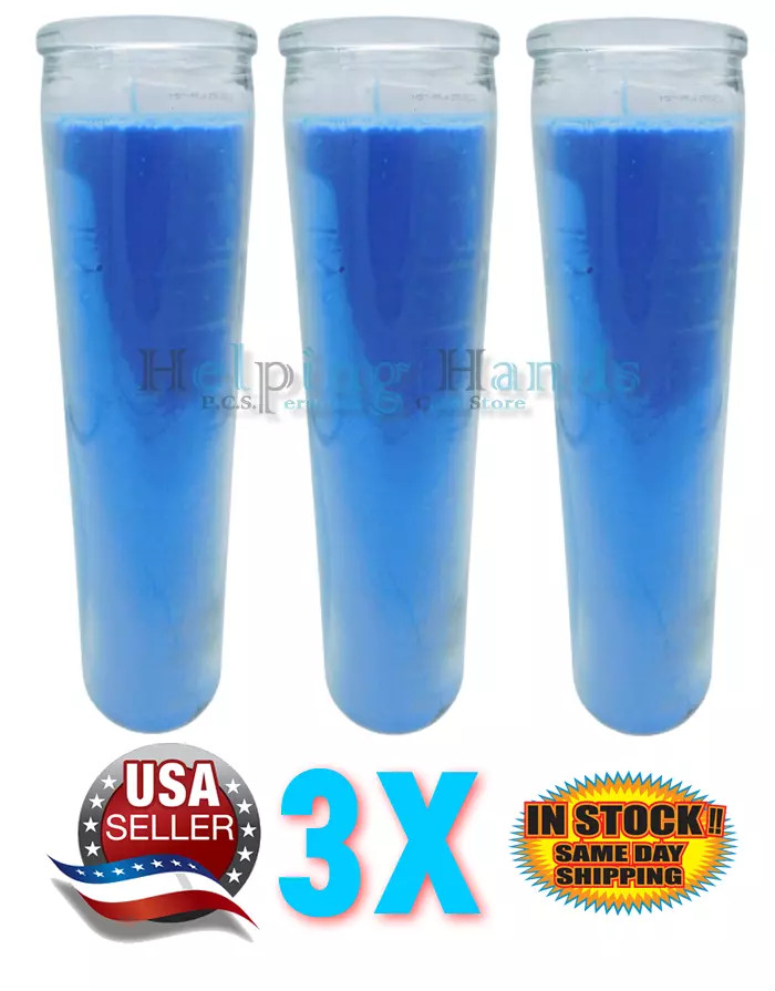 Original 80 Hour Hand Crafted Blue Candles Set of 3 Beautiful Glass Case 8Inch