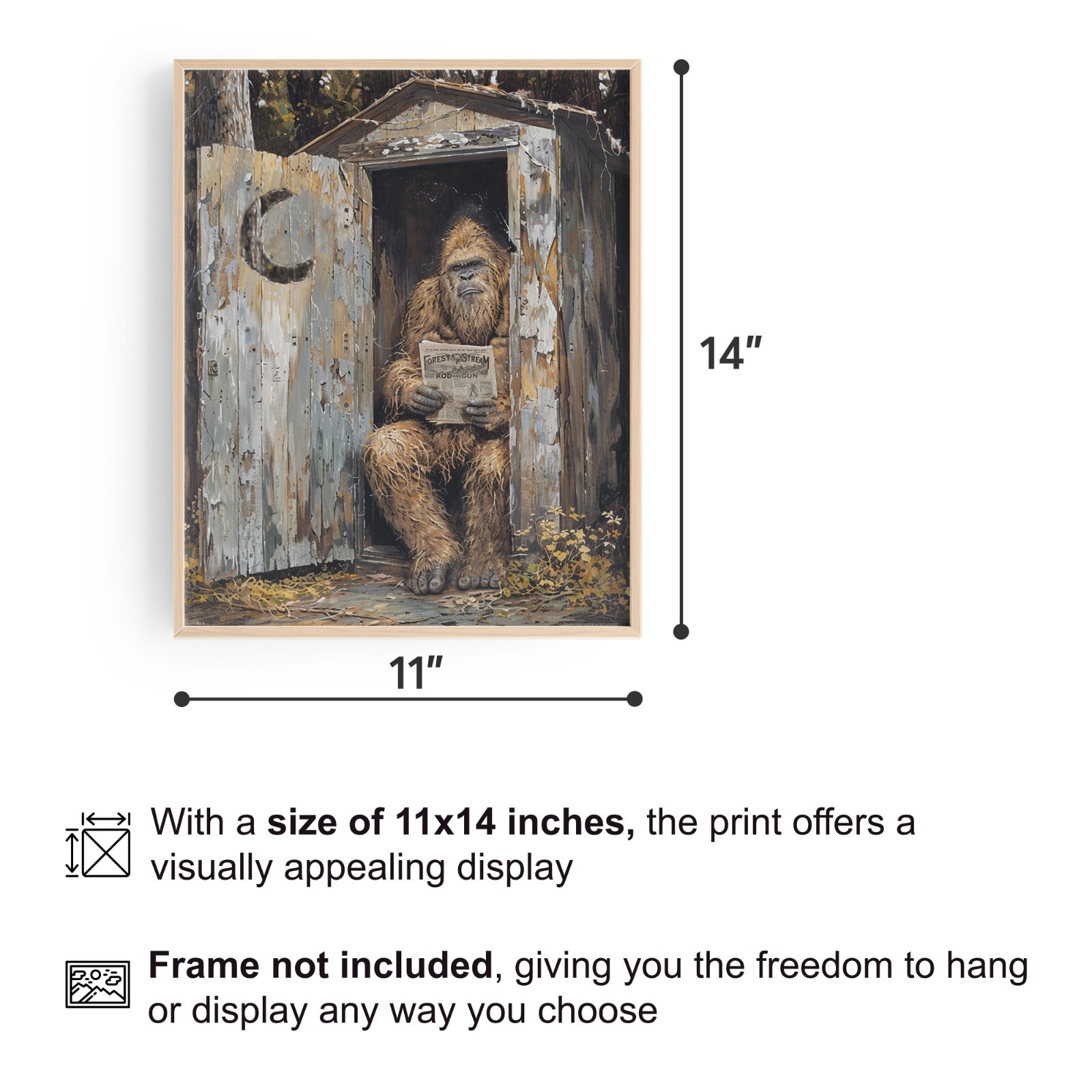 Vintage Sasquatch Bigfoot Art Print Outhouse Artwork Bathroom Wall Decor Gift