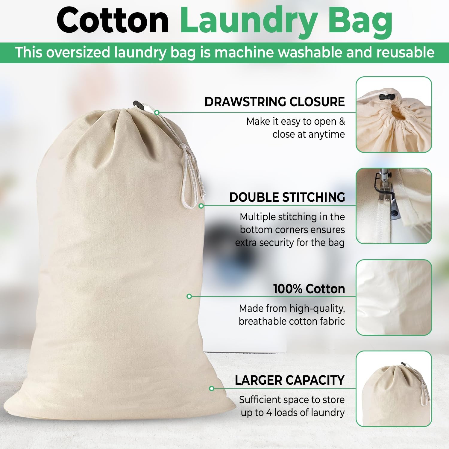 Large Cotton Laundry Bags 24×36 Inch with Drawstring, Heavy Pack of 2, Beige