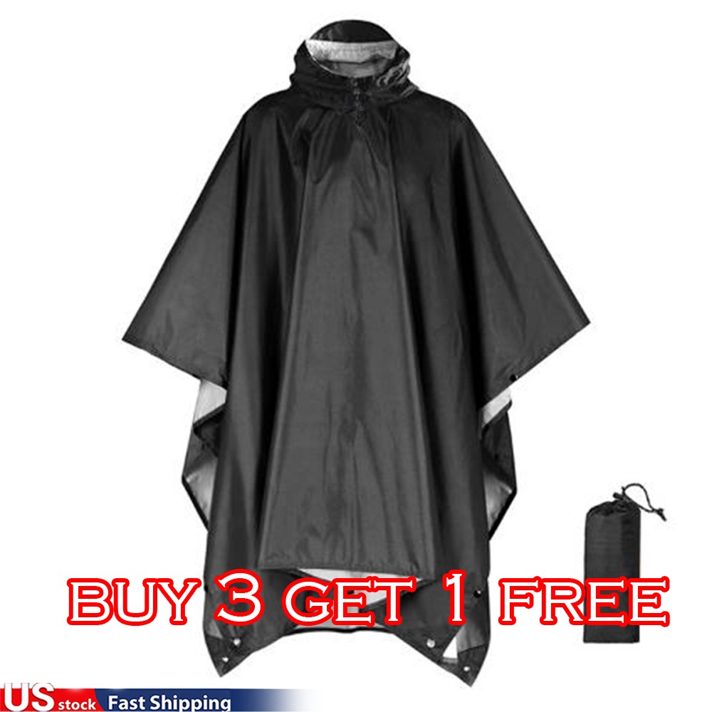 Waterproof Hooded Ripstop Rain Poncho Military Camping Hiking Raincoat Black US
