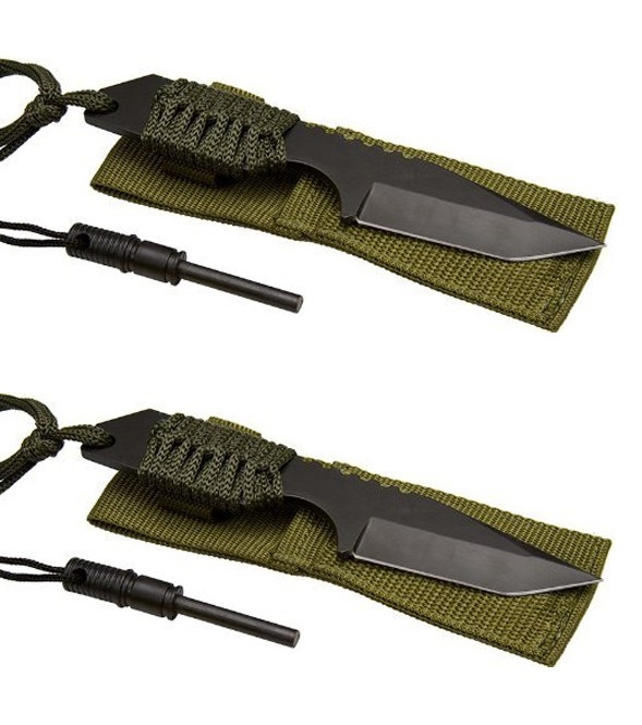 (2) 7″ Full Tang Military Style Knife 440 Steel Flint Fire Striker Survival OD