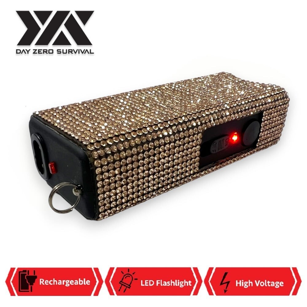 All New Gold Bling Jeweled Rhinestone Rechargeable Self Defense Mini Stun Gun