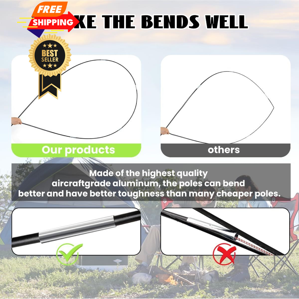 Vekclit 1PCS Tent Poles for Wakeman 2-Person Camping Tent, 169”, Black