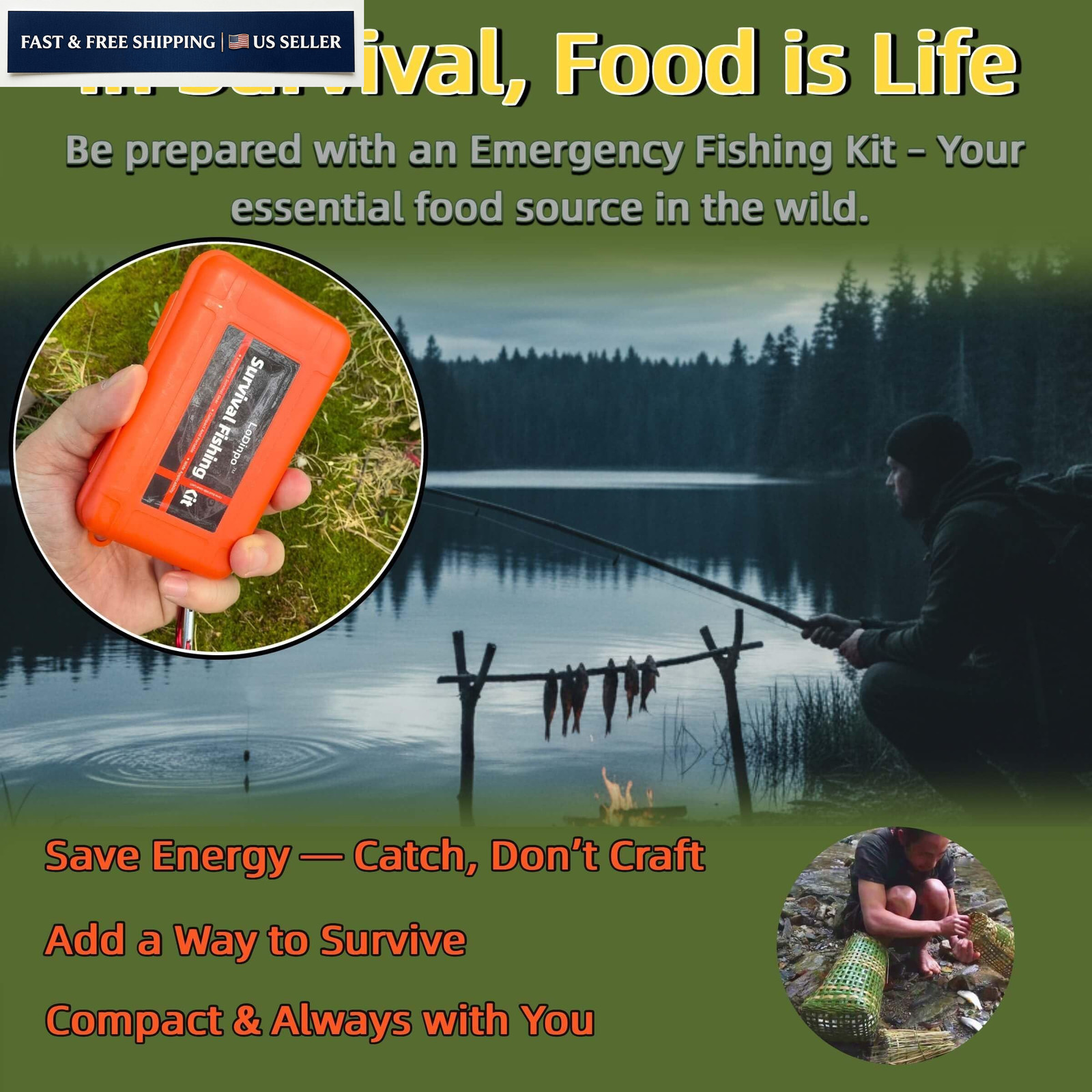 LoDinpo Pocket Survival Fishing Kit,Emergency Tackle Small, Wildfire Orange