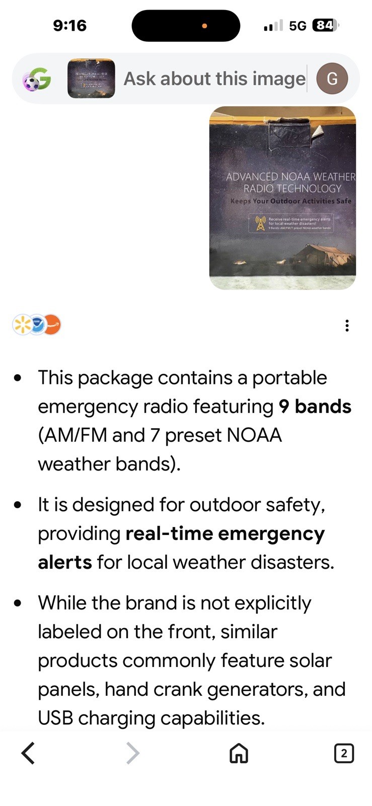 Emergency Weather Radio AM/FM/NOAA Solar, Hand-Crank Or Battery Powered New