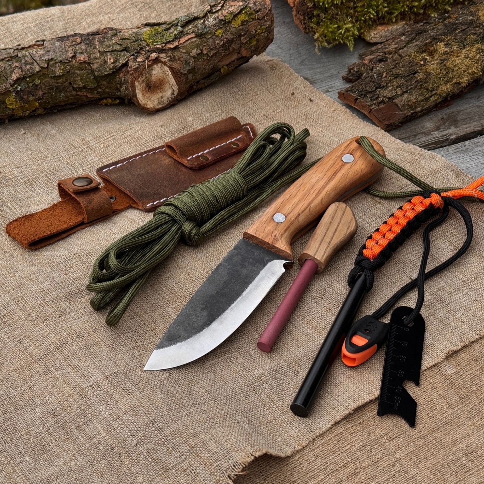 Hiking Kit Bushcraft Knife Set with Forged Knife Ferro Rod Paracord Camping Gear