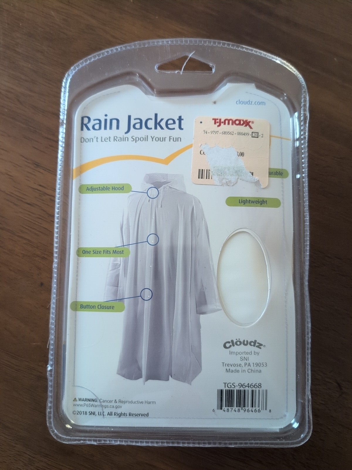 Cloudz Clear Rain Jacket Unisex Men’s Women’s One Size Fits Most