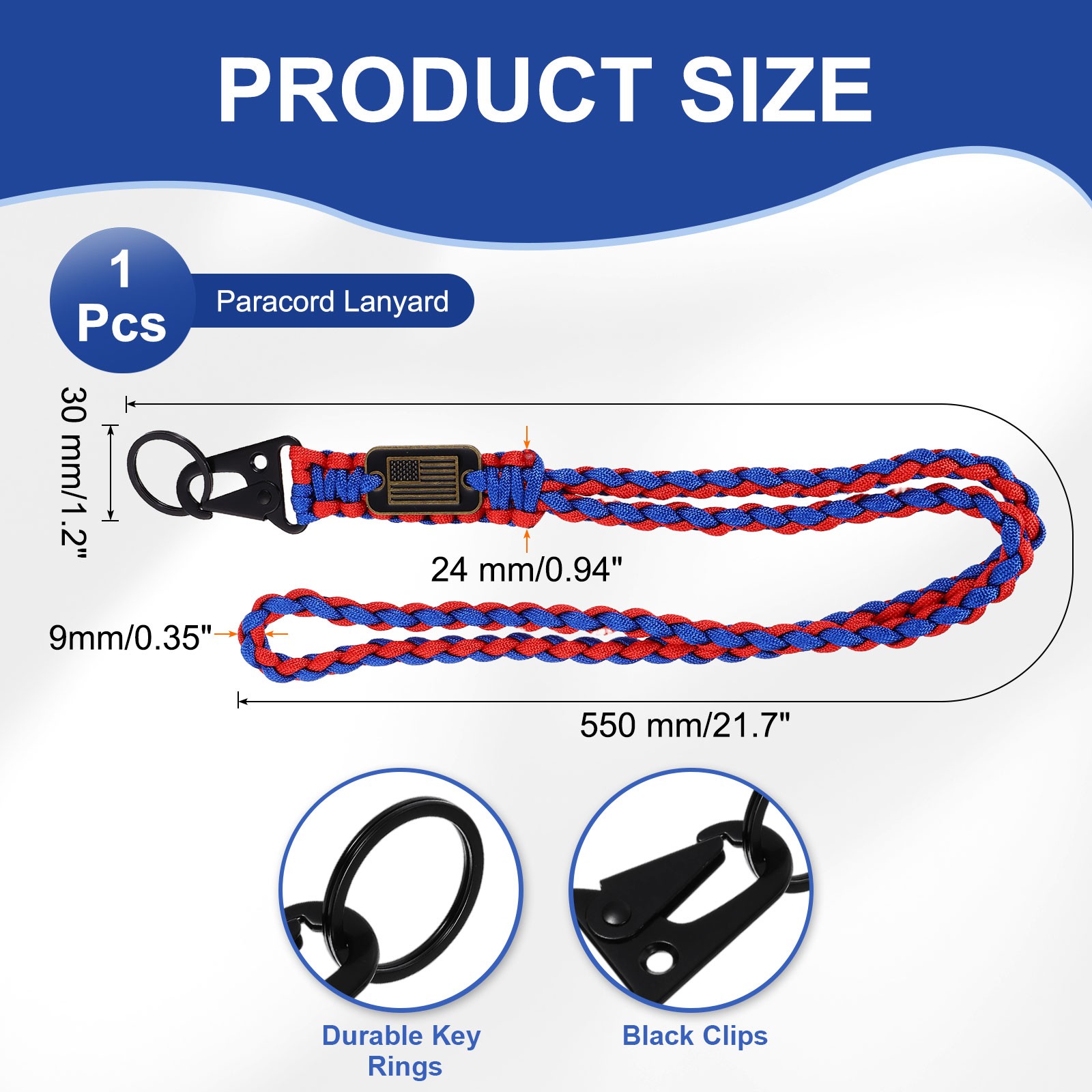 Paracord Lanyard Strong Lanyard with USA Flag Red and Blue