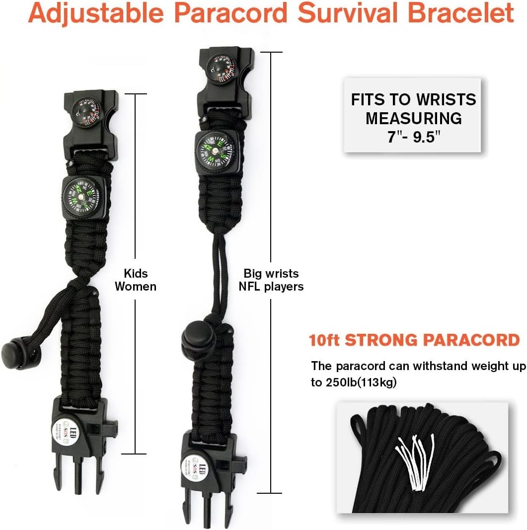 20 in 1 Survival Paracord Bracelet Adjustable Gear Kit with SOS LED Light Fire