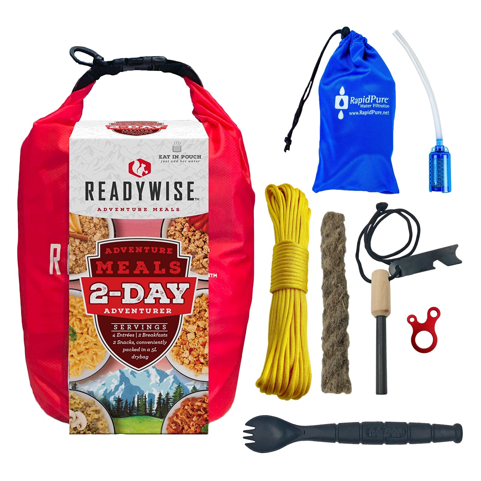 2 Day Emergency Food, Water Filter, Firestarter Outdoor Adventure Survival Kit