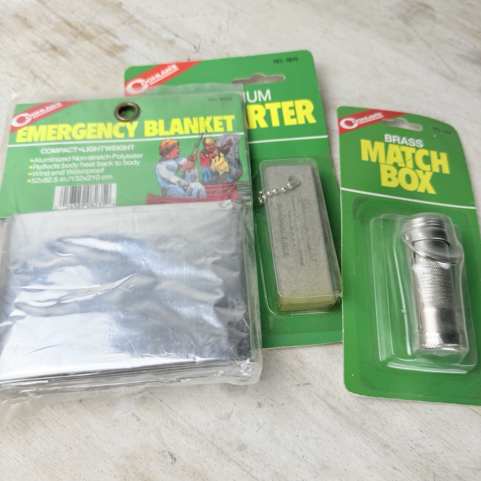NOS Coghlan’s Survival Kit Lot Of 3 New Emergency Blanket Fire Starter Match Box