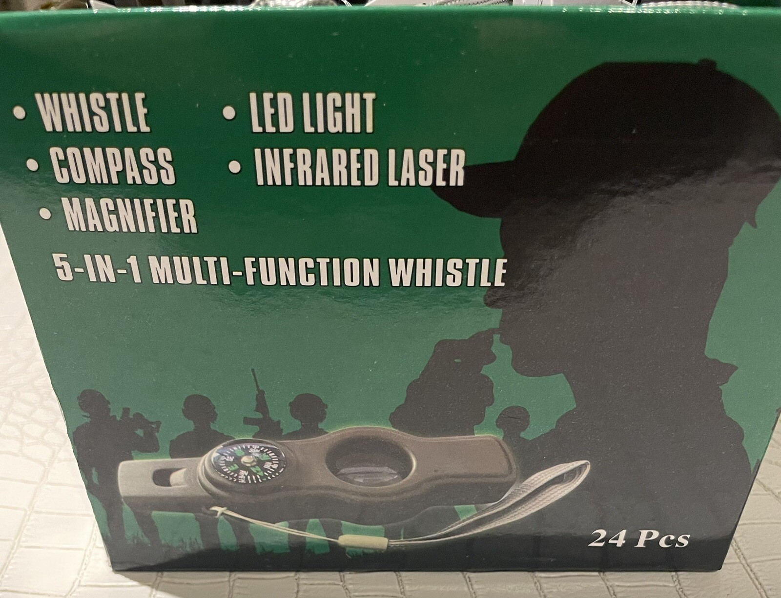24 Pc 5 in 1 Survival Camping Hiking Whistle Compass Flashlight Laser Magnfyng