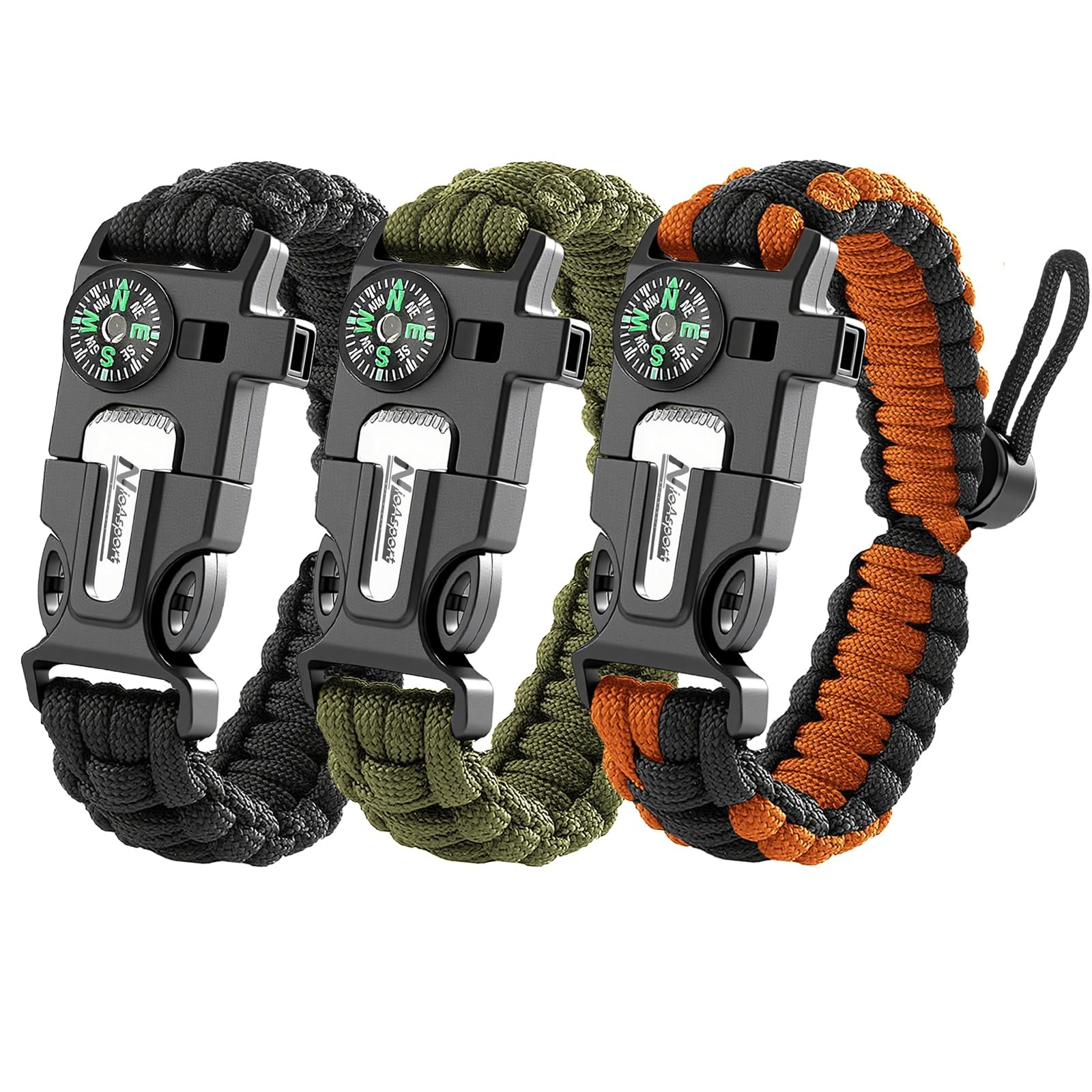 Paracord Survival Bracelet (3 Pack) – Adjustable with Fire Starter, Whistle, …