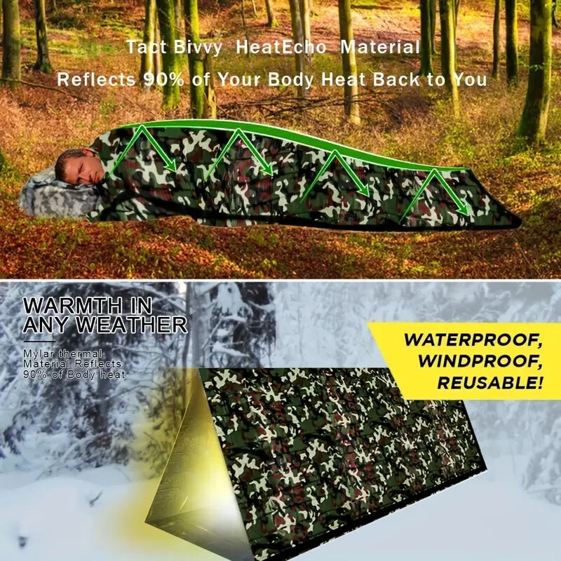 Bivvy Camouflage Emergency Sleeping Bag Thermal Survival Camping Hiking Outdoor