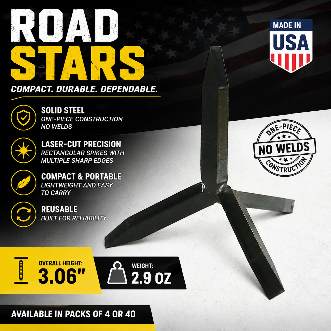 Road Stars Steel Tire Deflation Spikes 4 or 40 Pack Made in USA Emergency Tool