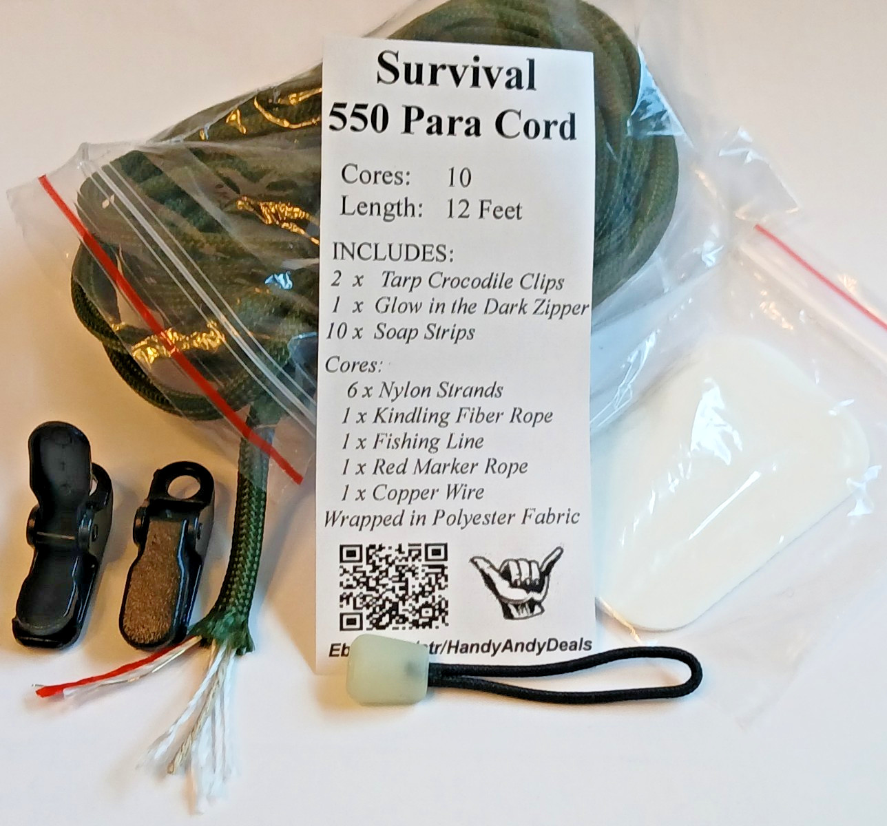 Survival 550 Para Cord, 12′, + 4 Survival Strands =Wire, Fishing, Kindle, Marker