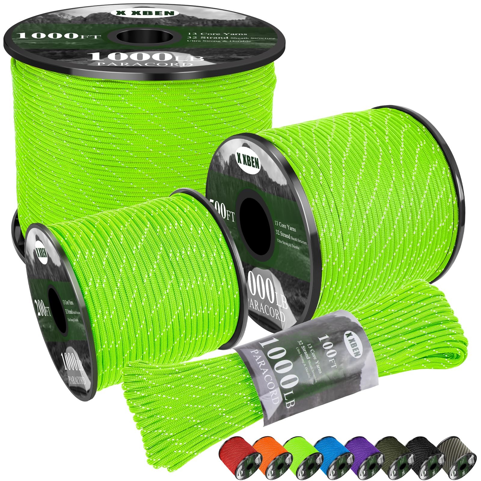 X XBEN Paracord Reflective 1000lb, 50/100/200/500/1000ft 100ft, Neon Green