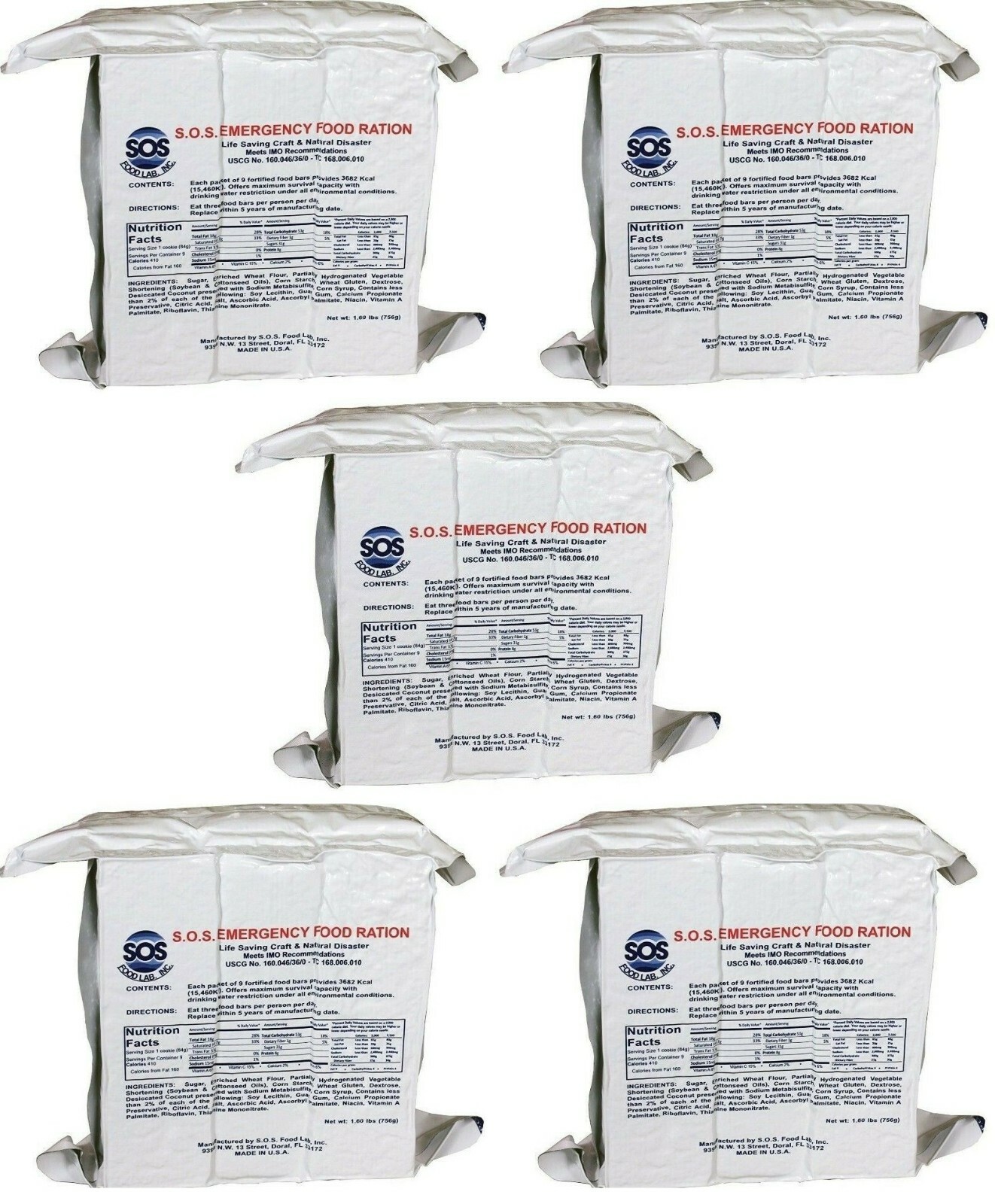 (5) SOS Rations EMERGENCY 3600 Calorie Food Bar Survival 3 Day 72 Hour Disaster