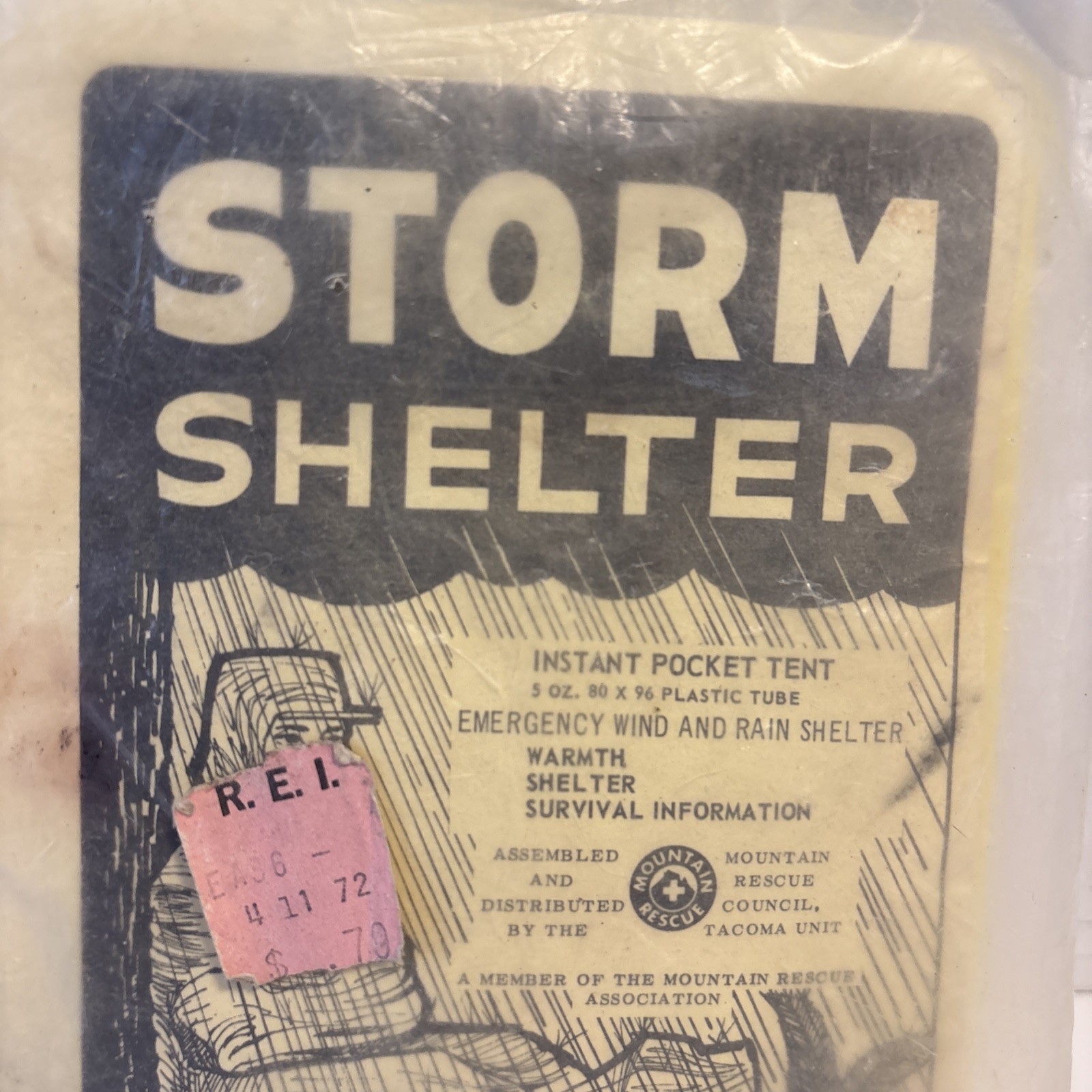 Storm Shelter In A Bag- Instant Tent Emergency Wind & Rain Shelter 1972 REI tag