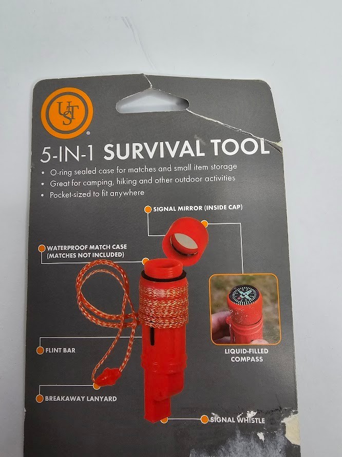 Survival Tool 5-In-1 Whistle Compass Flint Bar Signal Mirror Waterproof Case