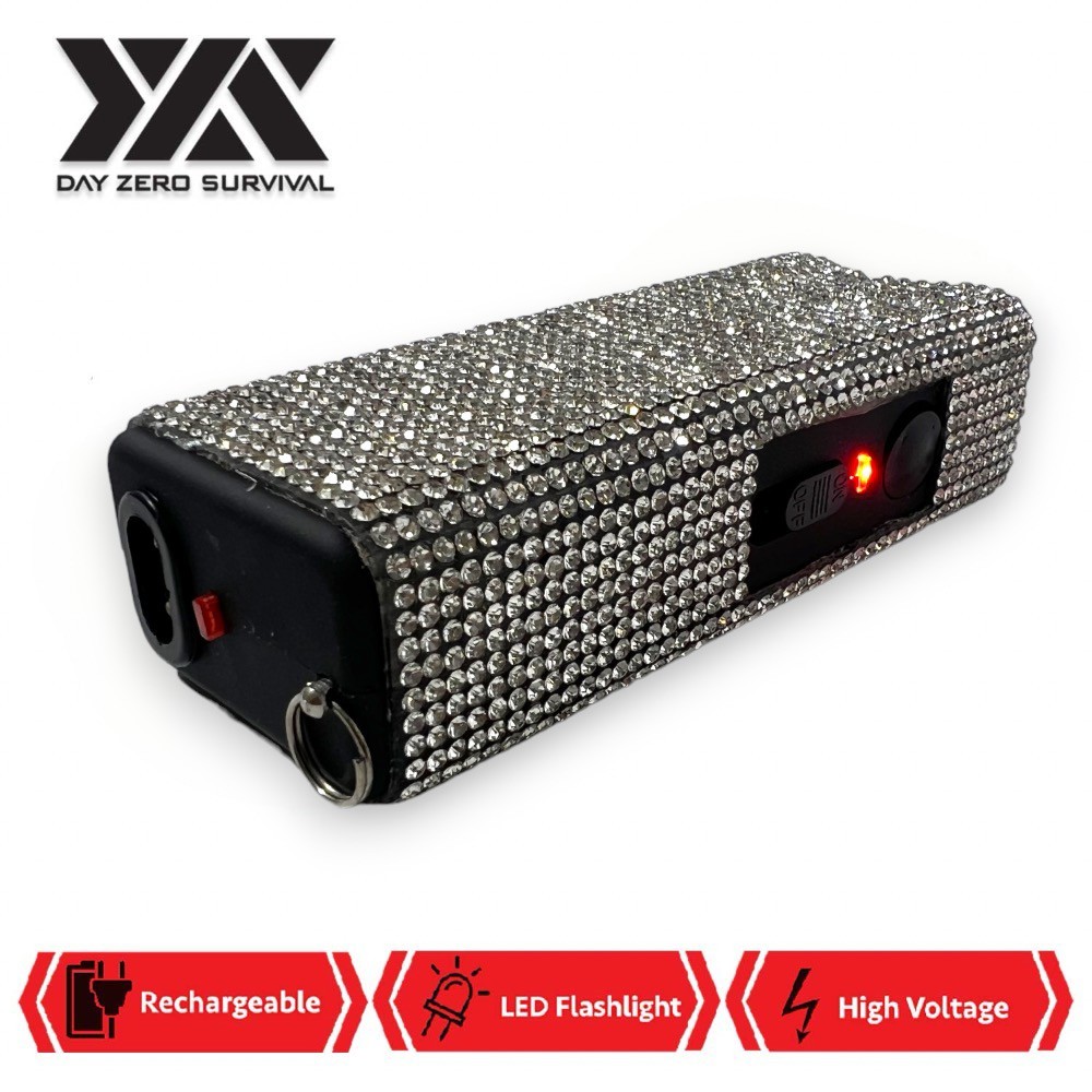 New Silver Bling Jeweled Rhinestone Rechargeable Self Defense Stun Gun