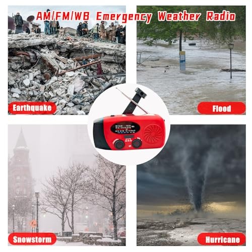 Portable 2000mAh Hand Crank Emergency Solar Panel SOS Weather Radio, Self Red