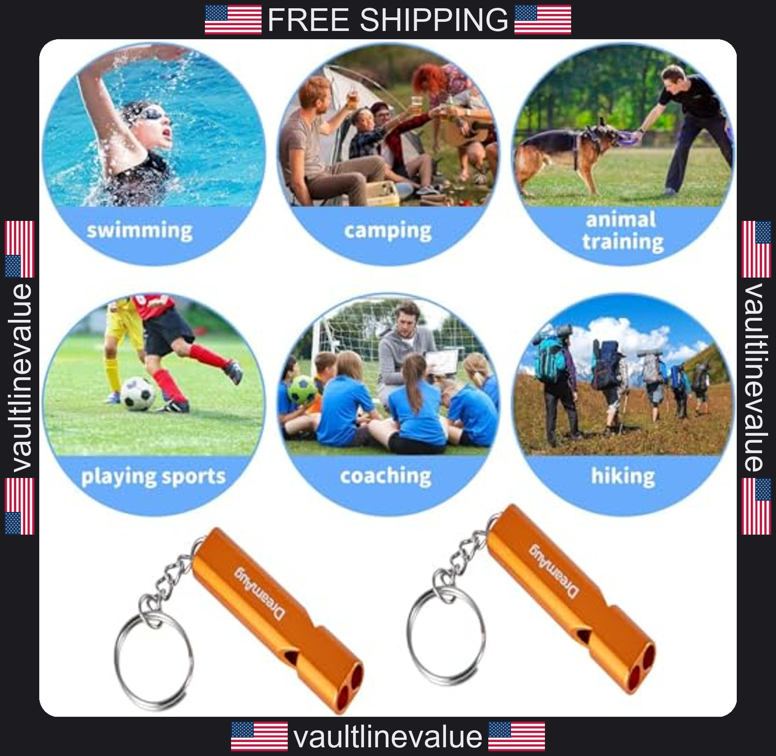 Emergency survival whistles 2 pack metal waterproof safety key ring for camping