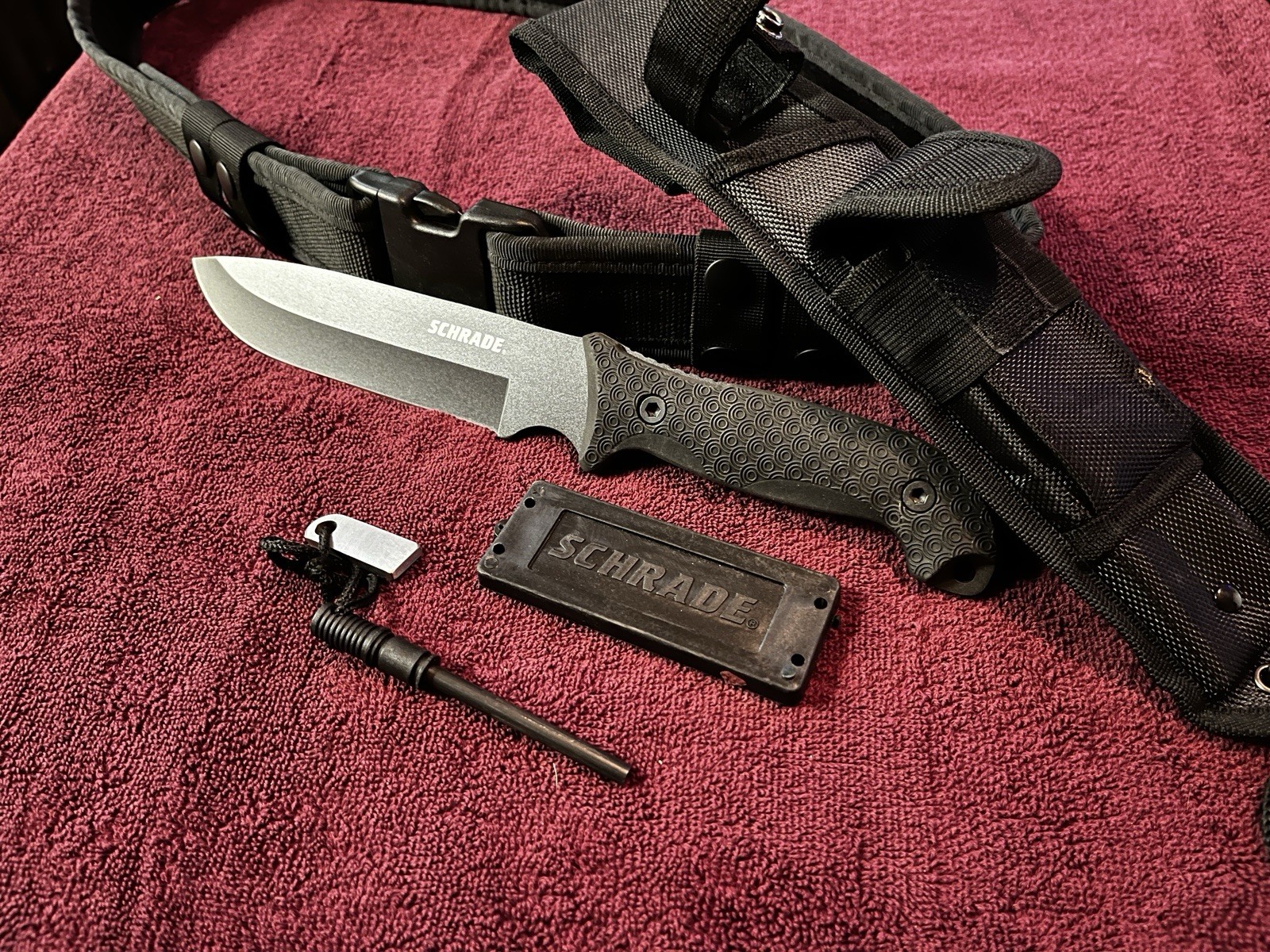 Schrade Survival Knife With Sheath, Ferro Rod, Sharpening Stone. Plus Duty Belt