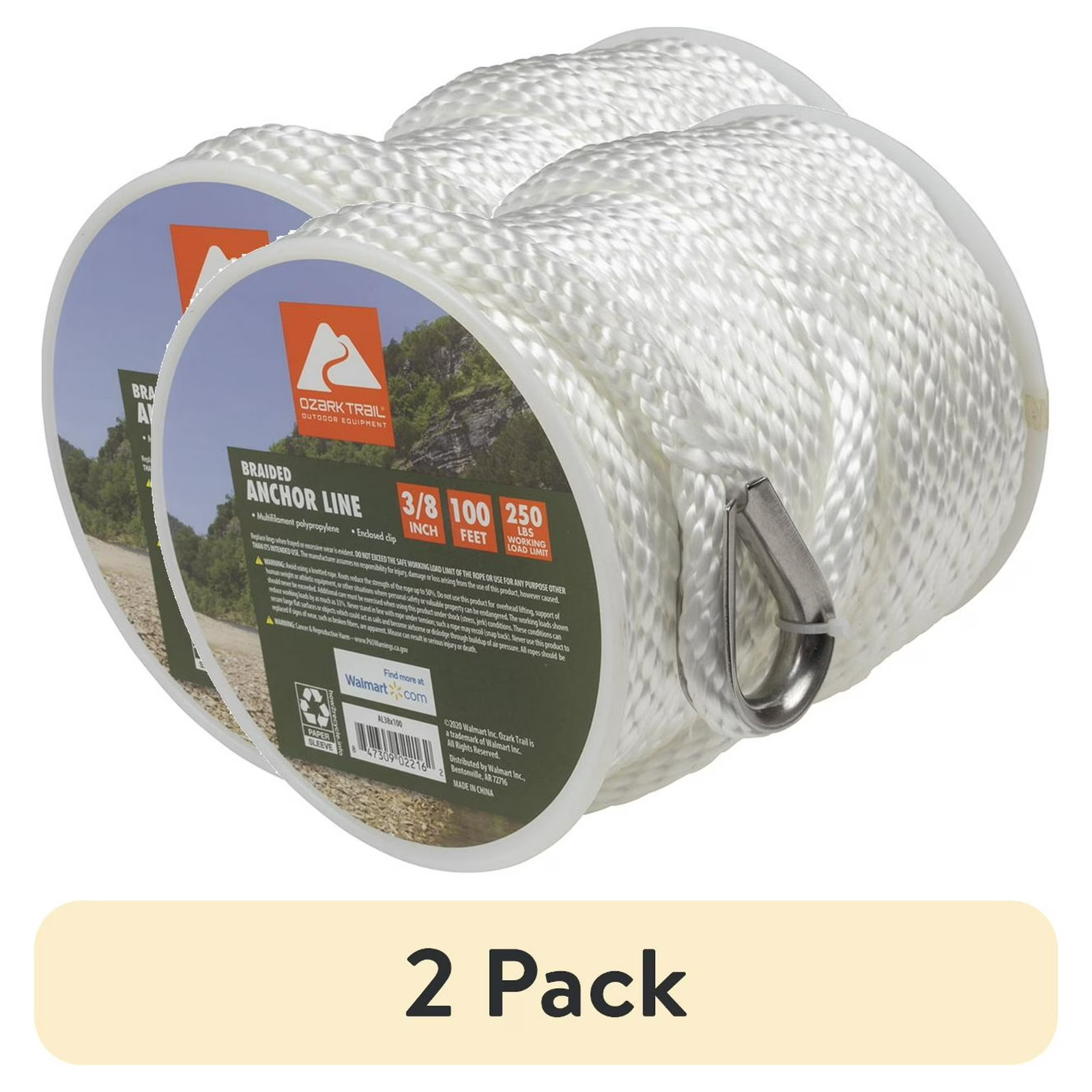 (2 pack) Ozark Trail 3/8″x100′ Nylon Braided Marine Anchor Line 100 Foot Length.