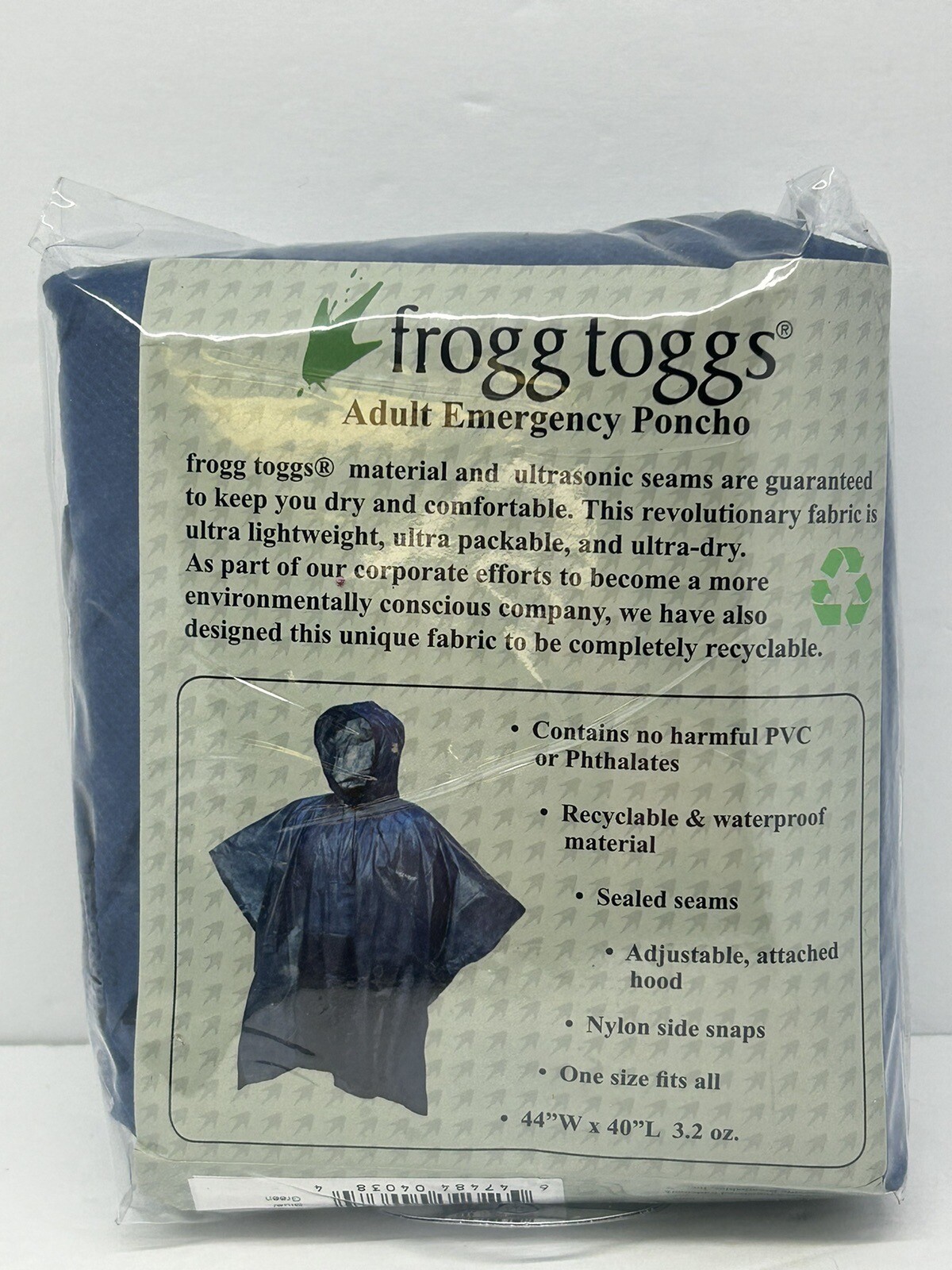 Frogg Toggs Blue Adult Emergency Poncho Ultra LiteOne Size Fits All 44″W x 40″L