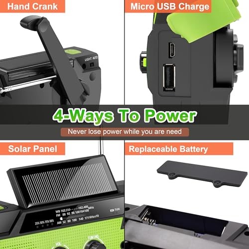 Emergency Crank Weather Radio, 14800mWh Solar Hand Crank Portable 090P-Green