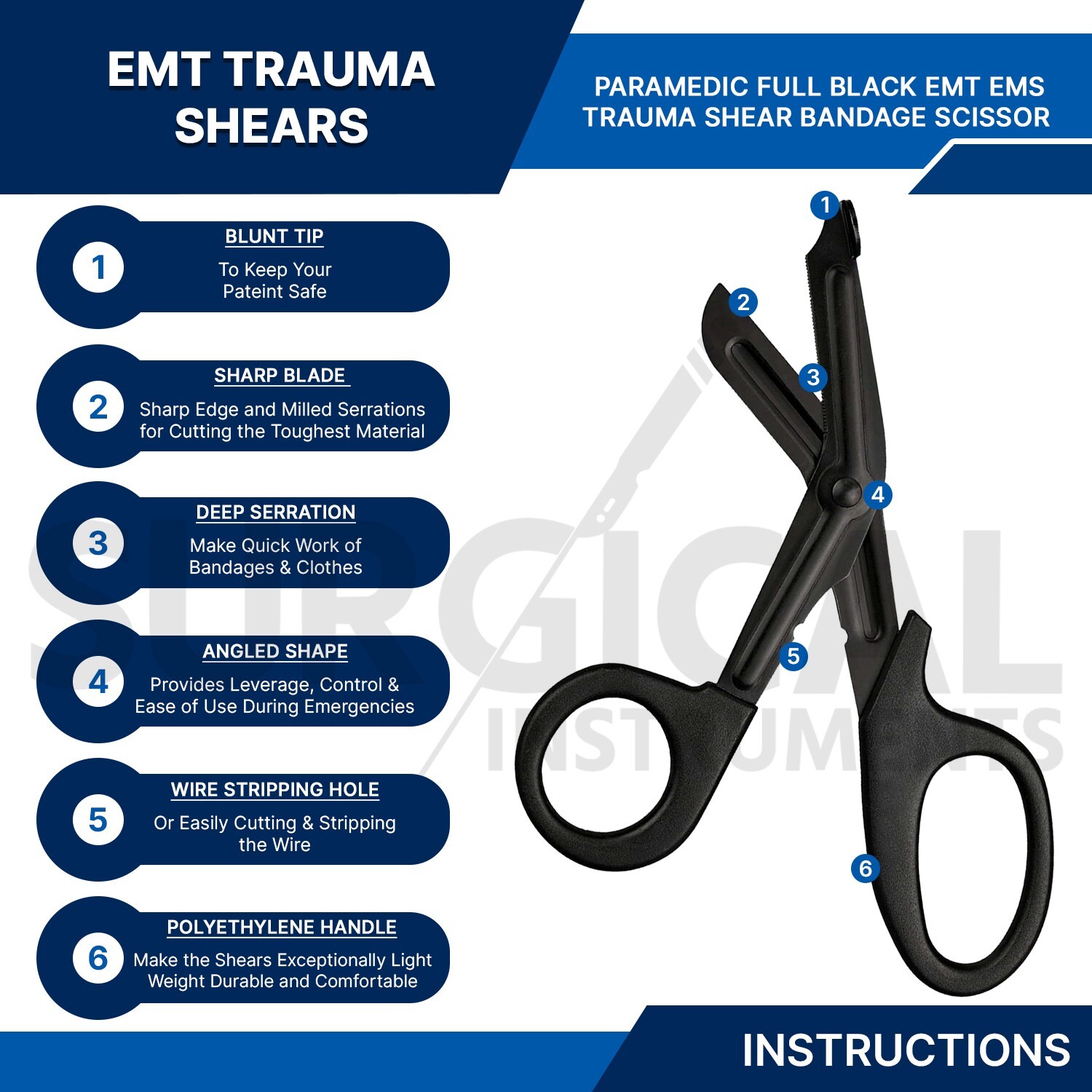 7.25″ Black EMT Utility Paramedic EMS Shears Scissors EMS Medical Cutting Tools
