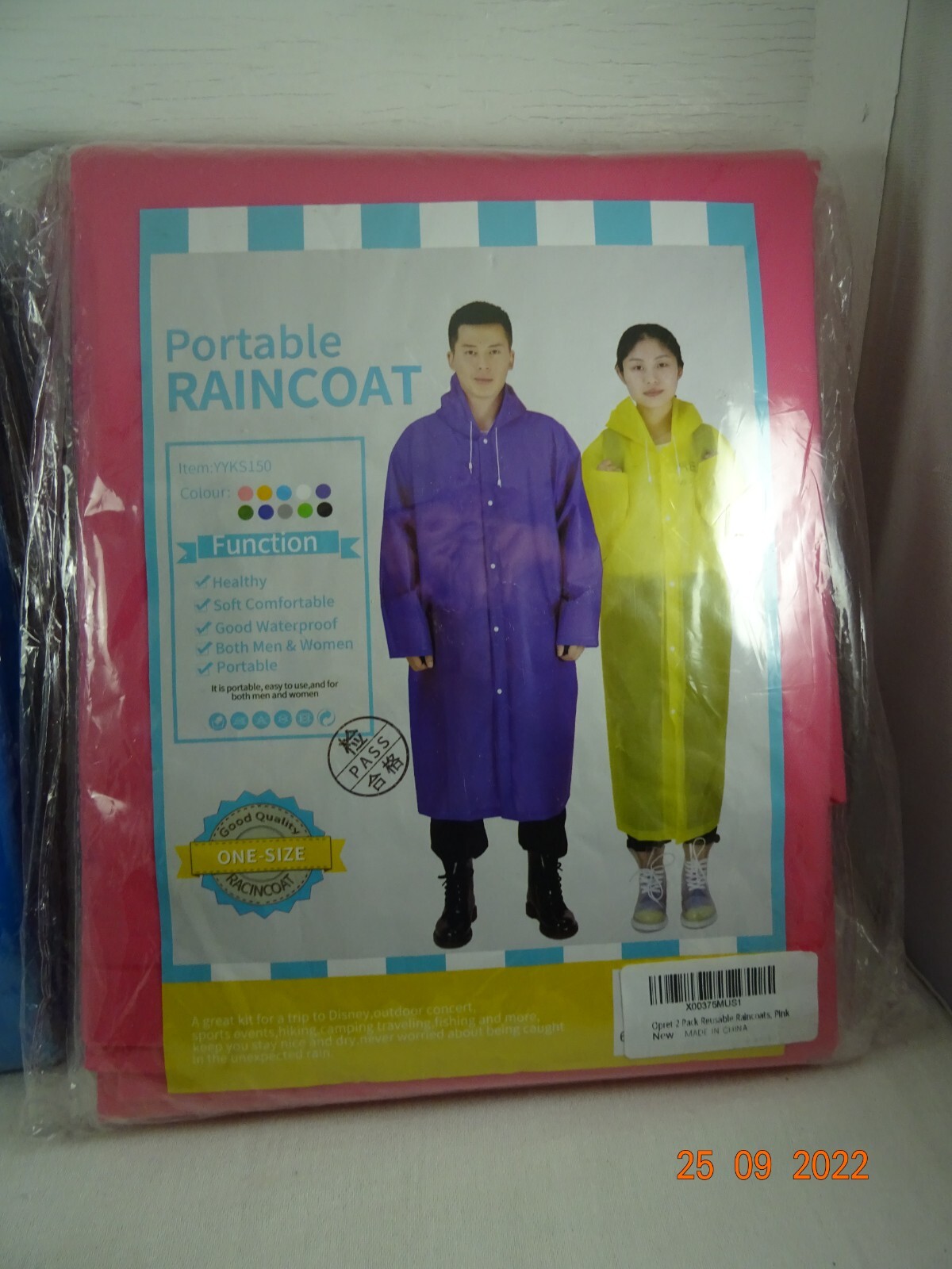 Rain Coat Hooded Drawstring 2 pack OSFM Adult Blue Purple Pink NEW 2-2 packs