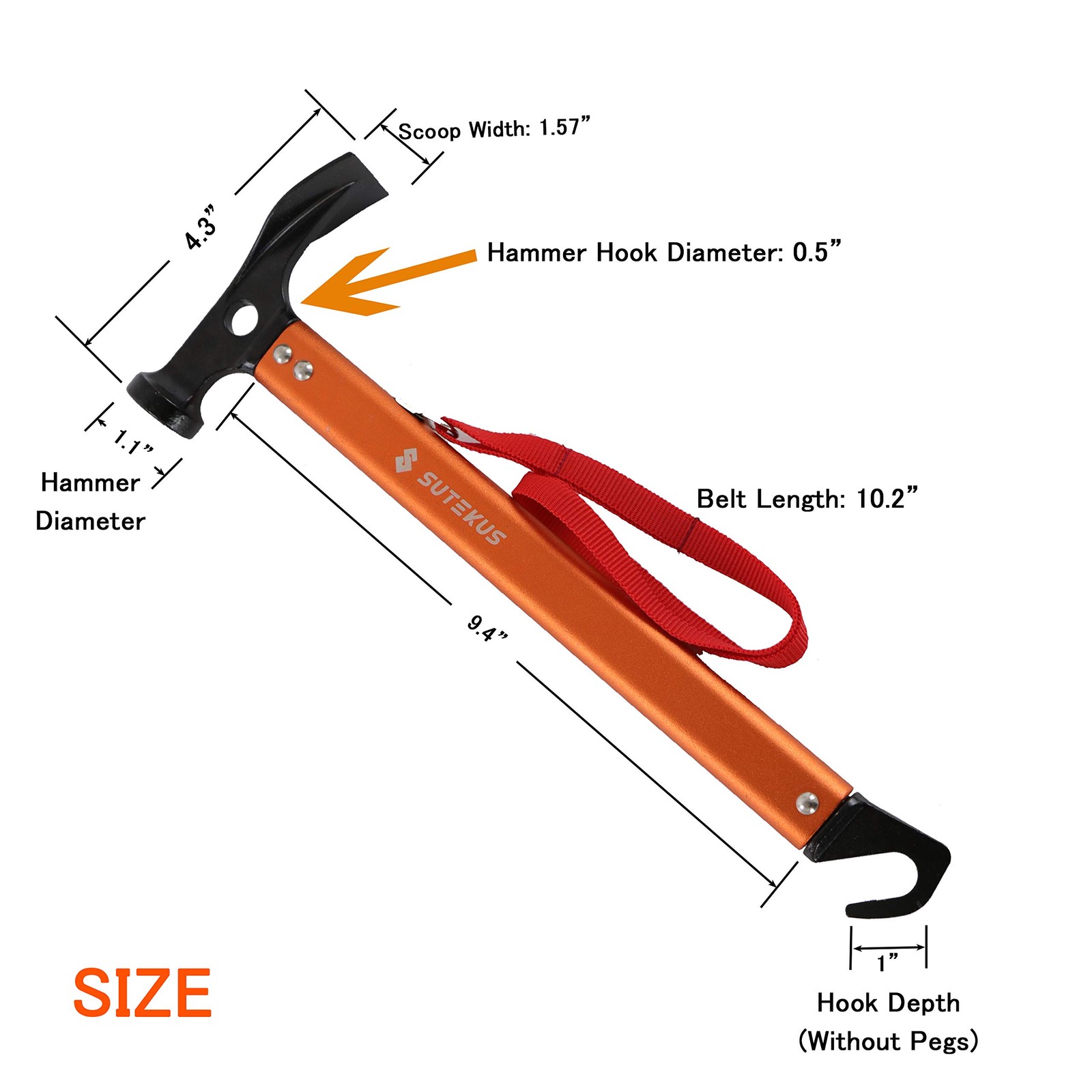 Sutekus Peg Hammer Tent Stake Remover – Lightweight Camping Orange