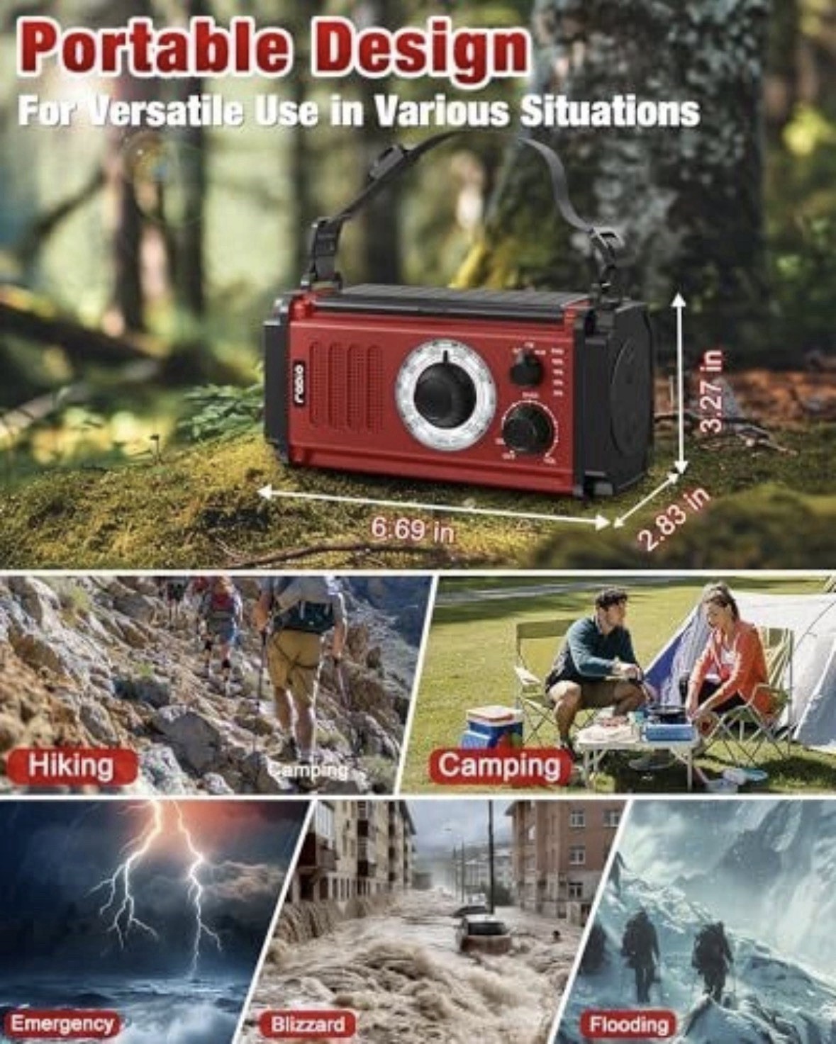 Emergency Radio, Hand Crank Radio, Solar Radio, AM FM NOAA Weather Radio, 4 Red