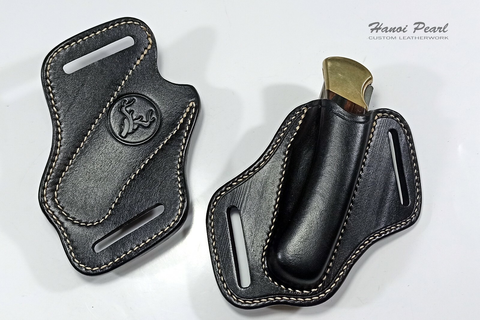 Custom Black 45 Degree Canted Leather Sheath for Buck 110 Folding Hunter