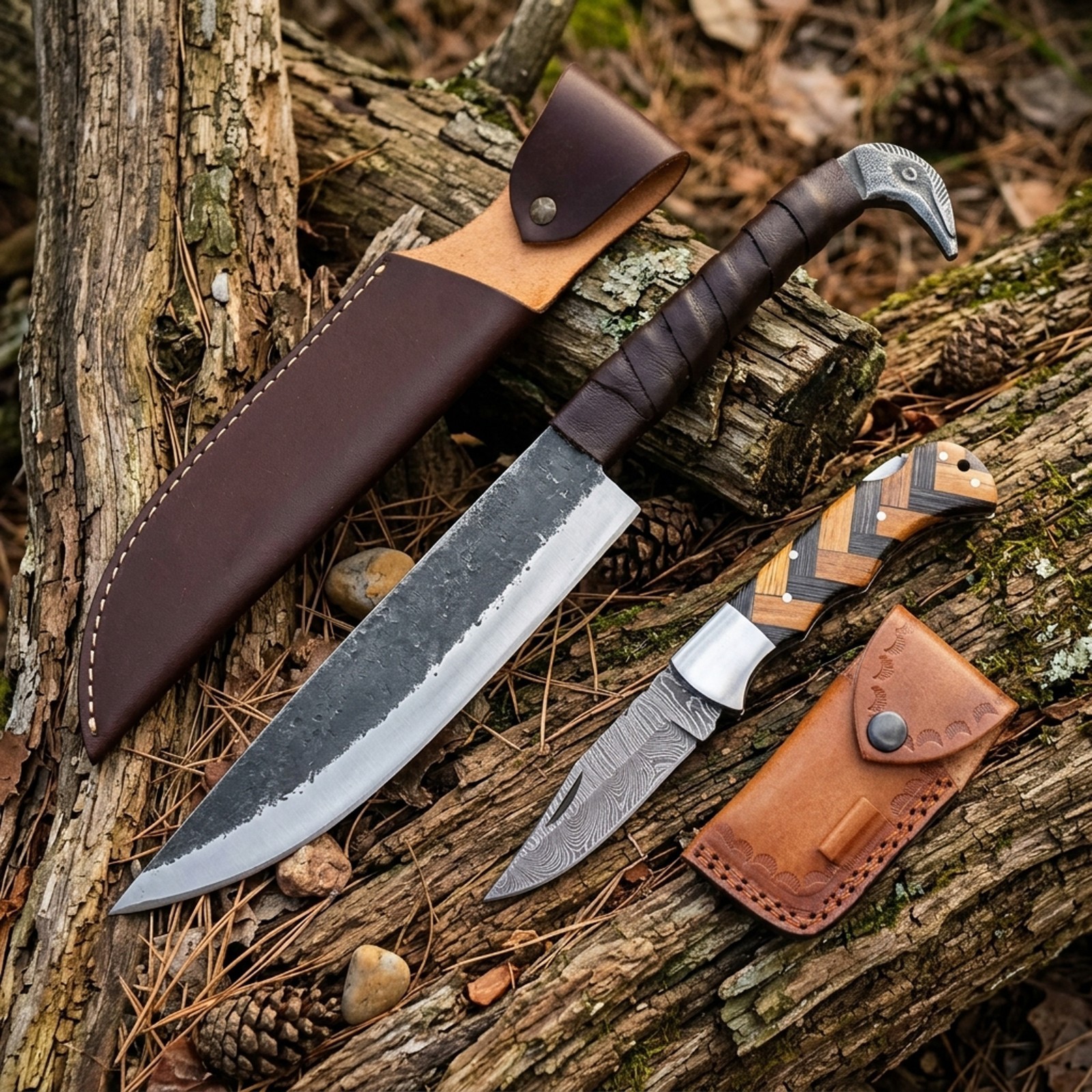 Handmade Sons of Odin Viking Knife Set | Norse Raven Head Knife Combo Gift