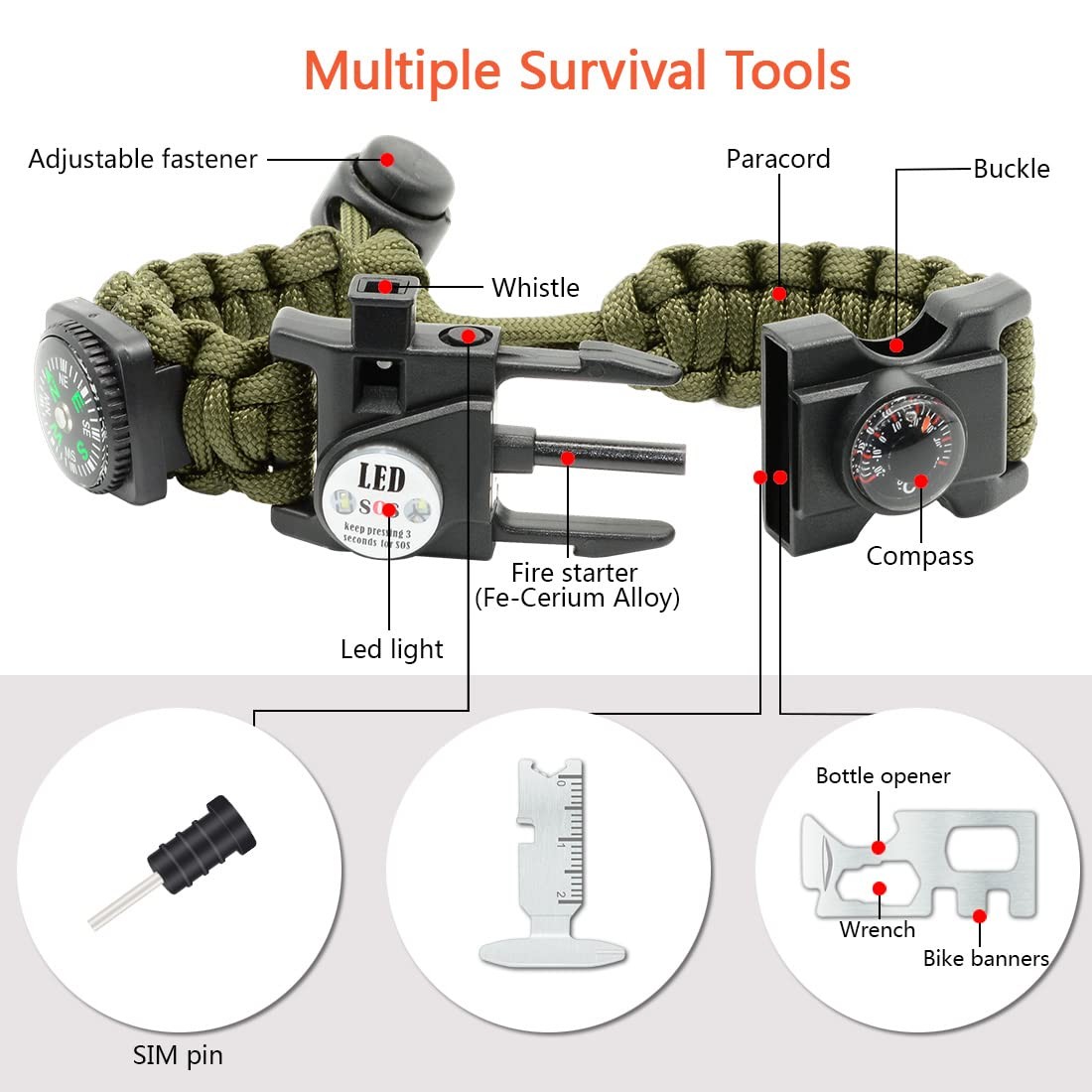 20 in 1 Survival Paracord Bracelet Adjustable Gear Kit with SOS LED Light, Fire
