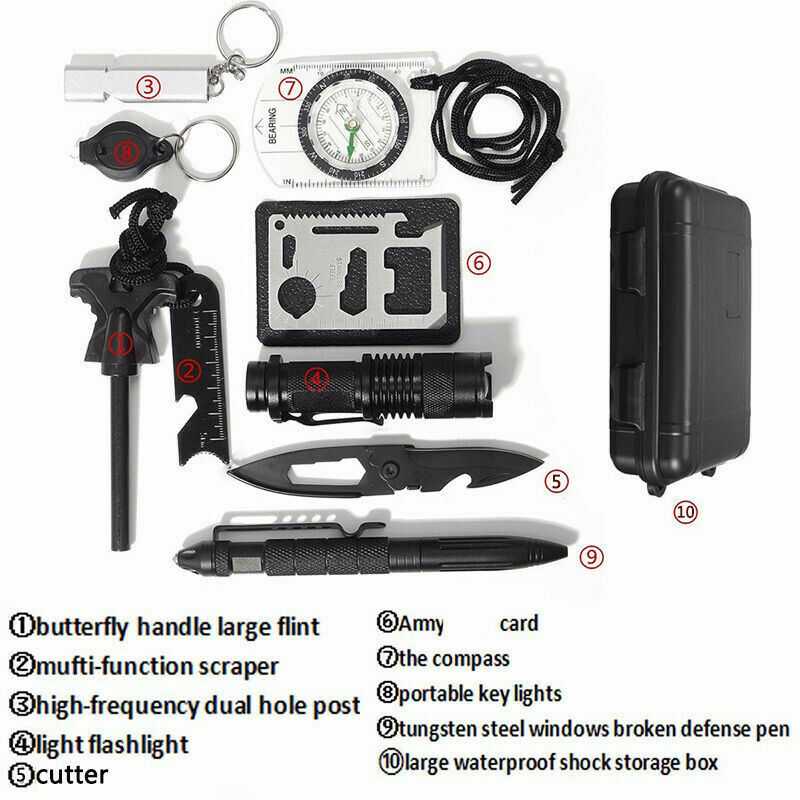 10 in 1 Survival Kit Tools Tactical Camping Emergency Outdoor Military EDC Gear