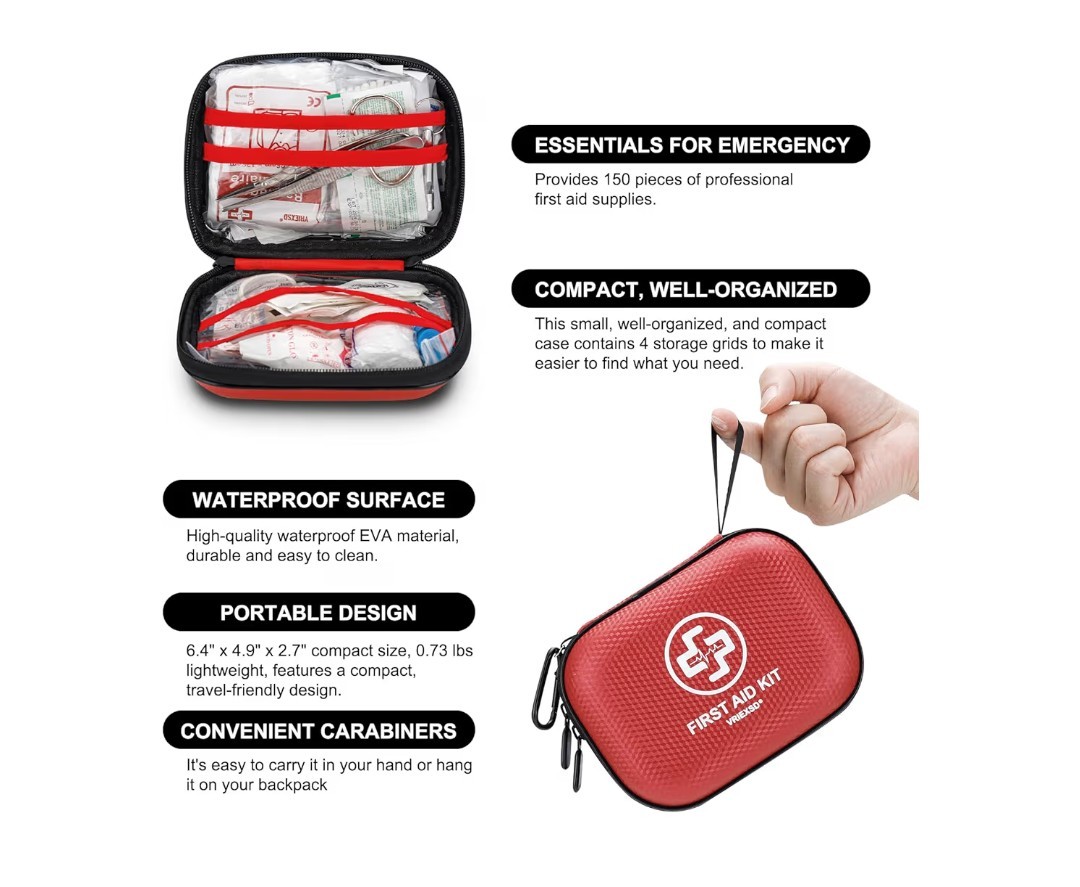 Mini First Aid Kit 150-Piece Waterproof Hard Case | Travel Car Camping Emergency