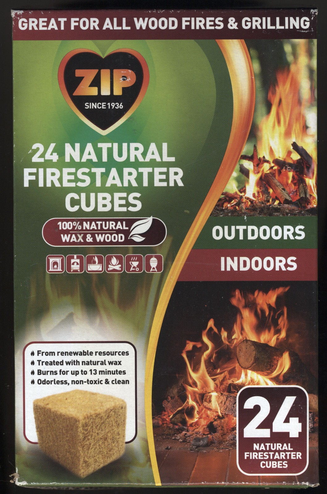 ZIP Natural Firestarter Cubes 24 Count Box – Brand New & Sealed -Just Wax & Wood