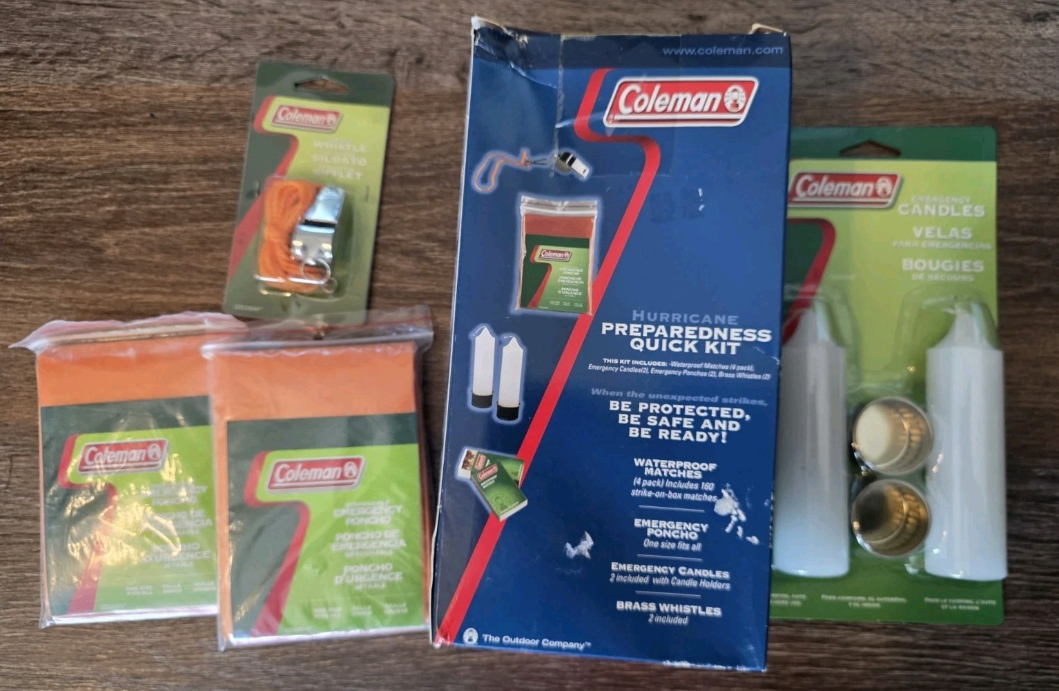 Coleman Storm Emergency Survival Kit & Extra Candles Whistle Ponchos