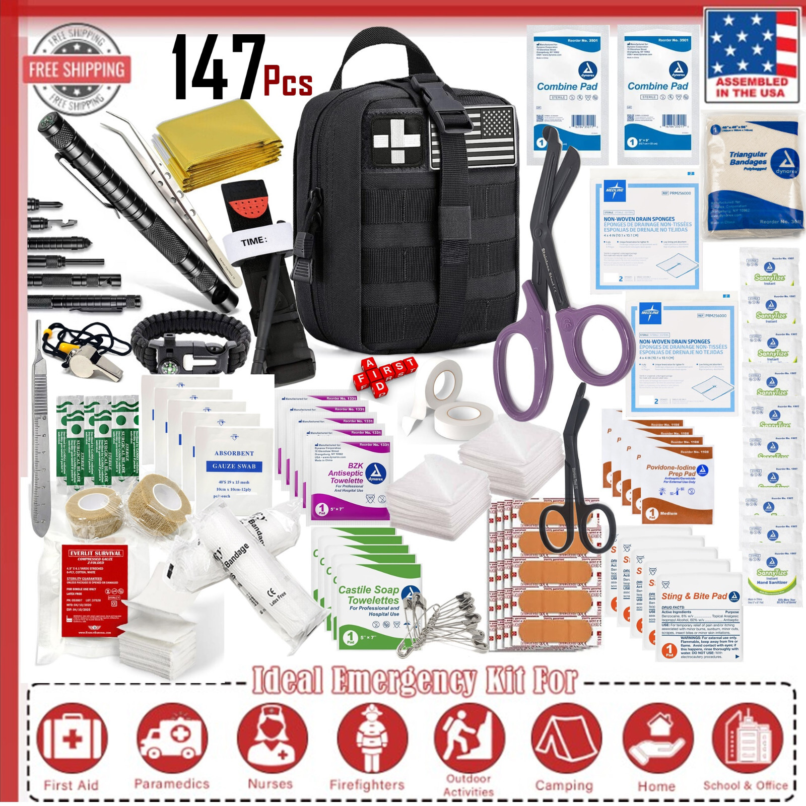 Emergency First Aid Kit – Family Camping & Hiking Potable Medical Kit – 147 Pcs